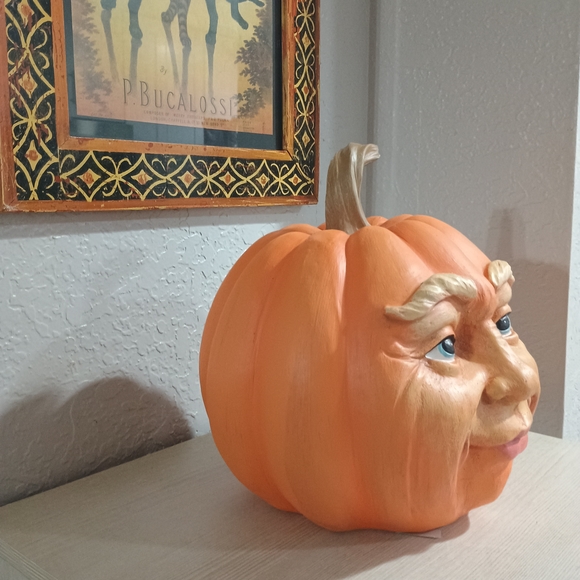 Whimsical Orange Pumpkin Face Sculpture - Picture 4 of 6